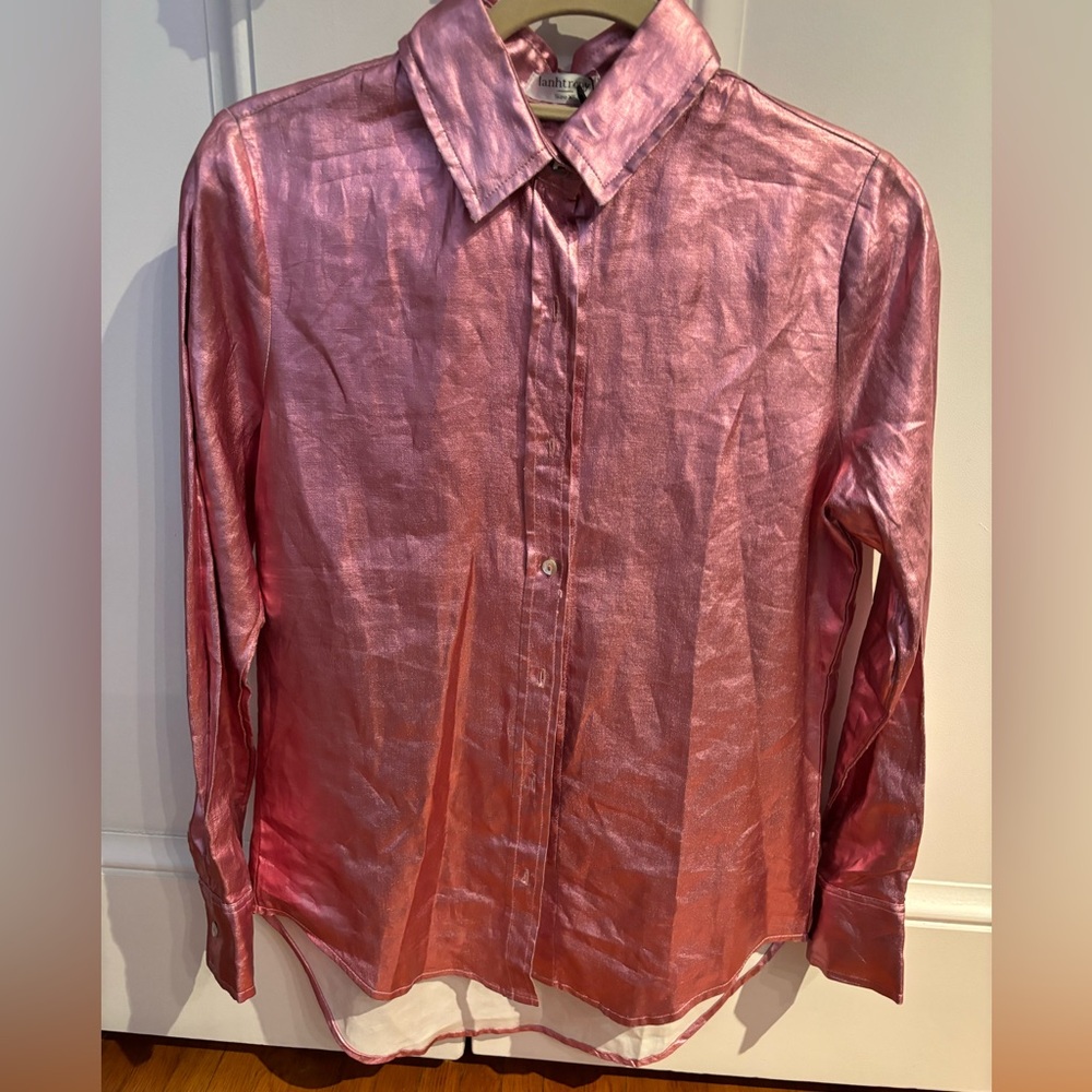 NWT Lanhtropy pink metallic linen blouse XS - Picture 16 of 16